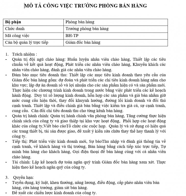 Quy trình bán hàng - Mô tả công việc trưởng phòng bán hàng