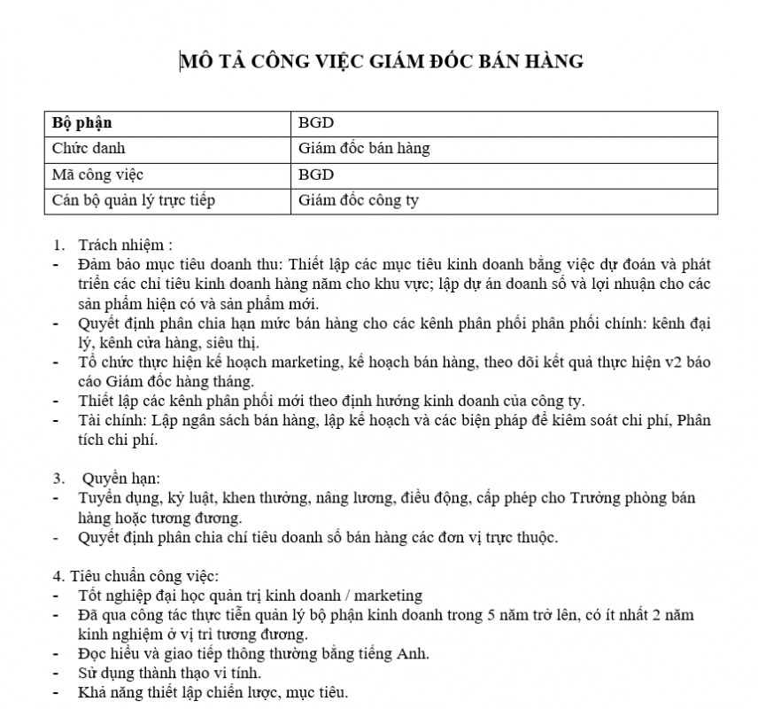 Quy trình bán hàng - Mô tả công việc giám đốc bán hàng