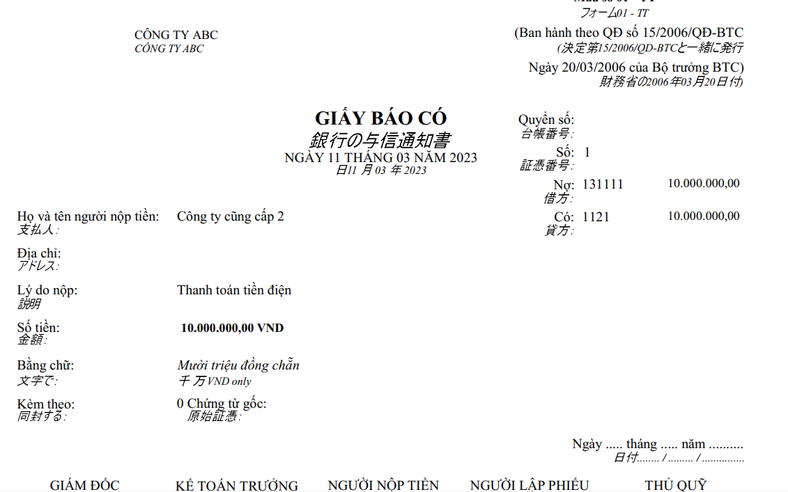 Mẫu giấy báo có theo TT 15 ( Song ngữ - Tiếng nhật)