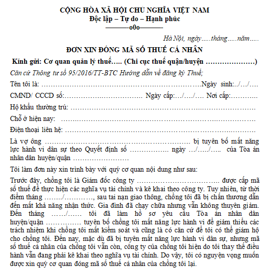 Mẫu đơn xin đóng mã số thuế cá nhân