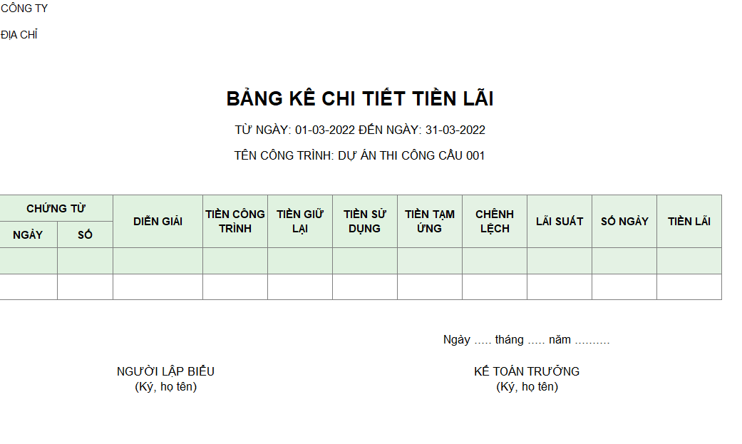 Mẫu bảng kê chi tiết tiền lãi