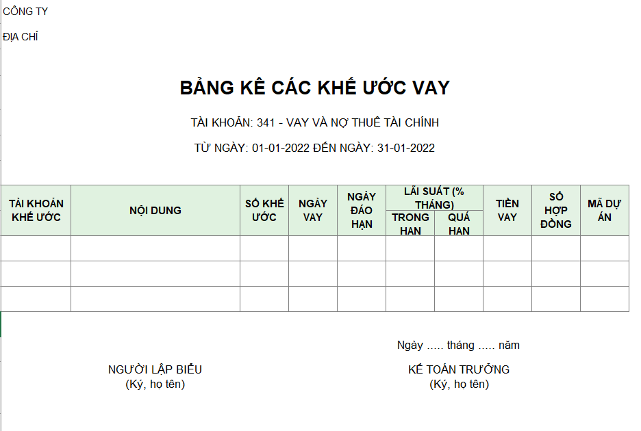 Mẫu bảng kê khế ước vay