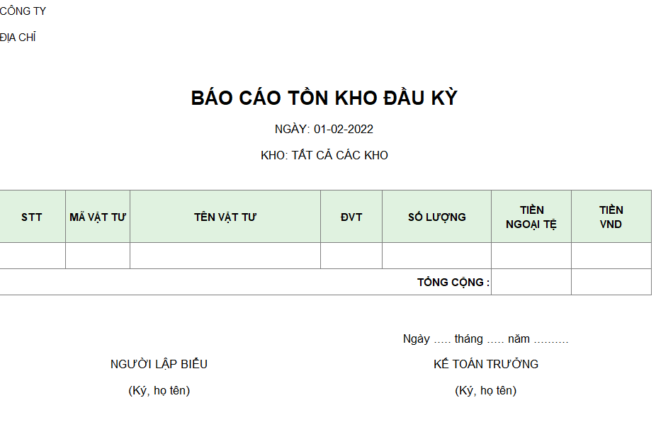 Mẫu báo cáo tồn kho đầu kỳ ( NGOẠI TỆ )