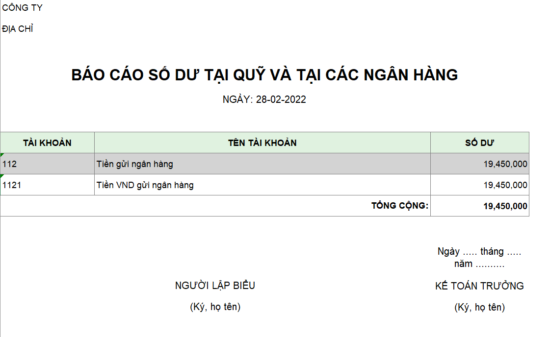 Báo cáo số dư tại quỹ và tại các ngân hàng