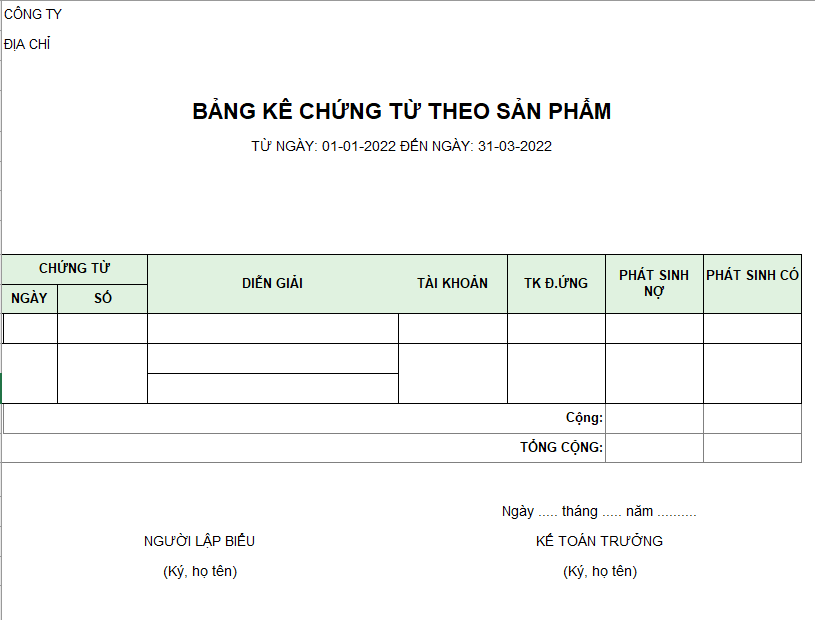 Mẫu bảng kê chứng từ theo sản phẩm
