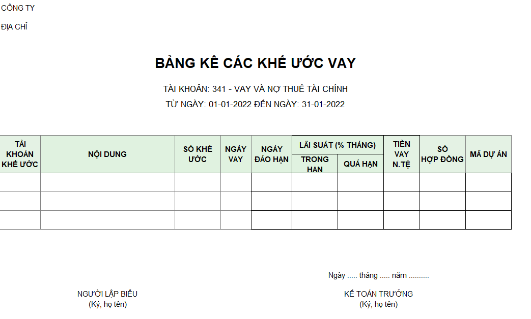 Mẫu bảng kê khế ước vay ( NGOẠI TỆ )