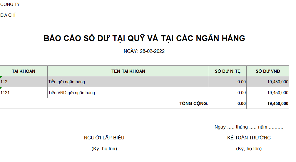Báo cáo số dư tại quỹ và tại các ngân hàng ( NGOẠI TỆ )
