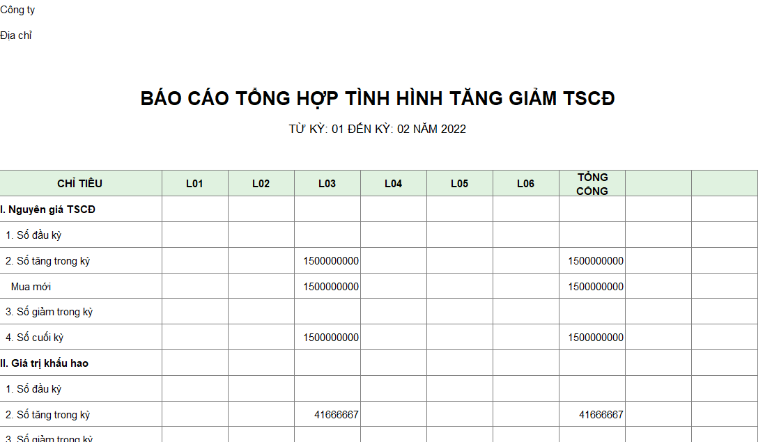 Báo cáo tổng hợp tăng giảm TSCĐ