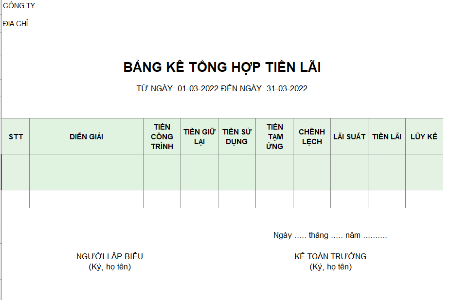 Mẫu bảng kê tổng hợp tiền lãi