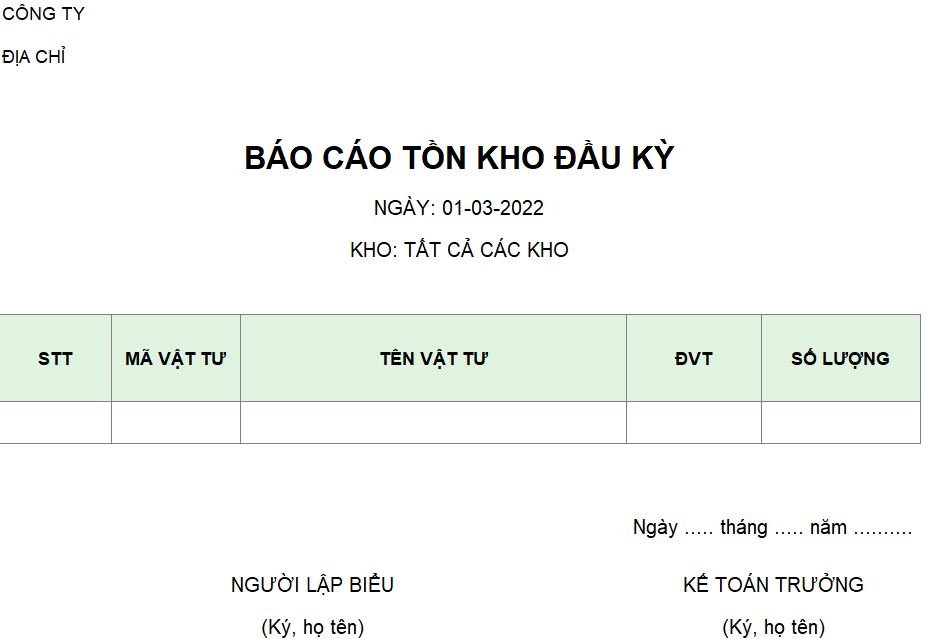 Mẫu báo cáo tồn kho đầu kỳ