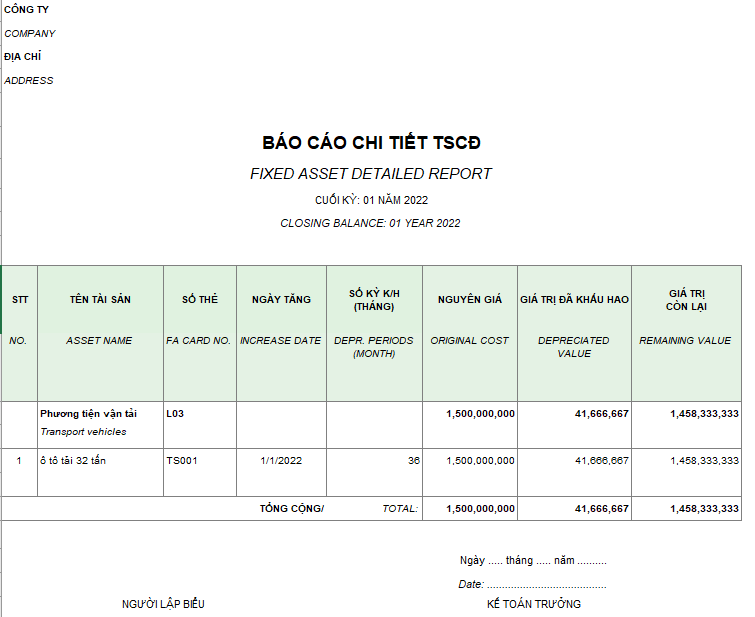 Mẫu báo cáo chi tiết tài sản cố định ( SONG NGỮ )