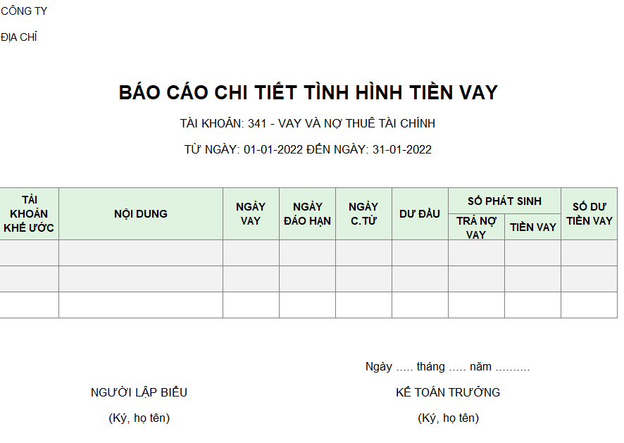 Mẫu báo cáo chi tiết tình hình tiền vay
