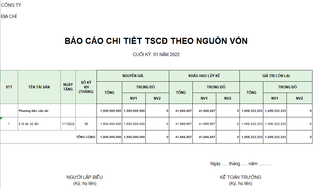 Mẫu báo cáo chi tiết tài sản cố định theo nguồn vốn