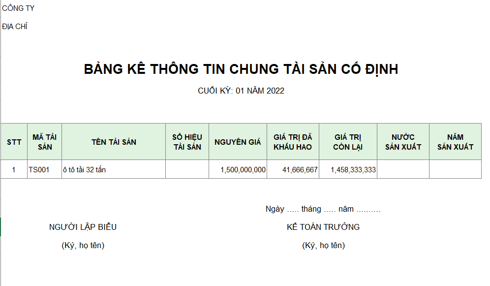 Bảng kê thông tin chung tài sản cố định