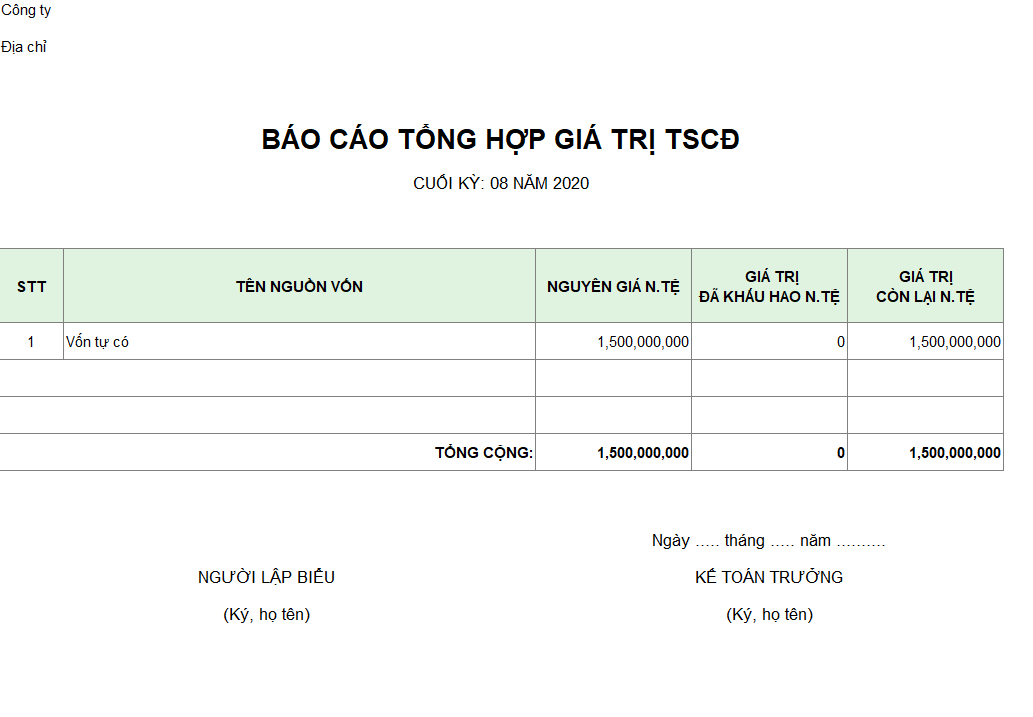 Mẫu báo cáo tổng hợp giá trị TSCĐ ( NGOẠI TỆ )