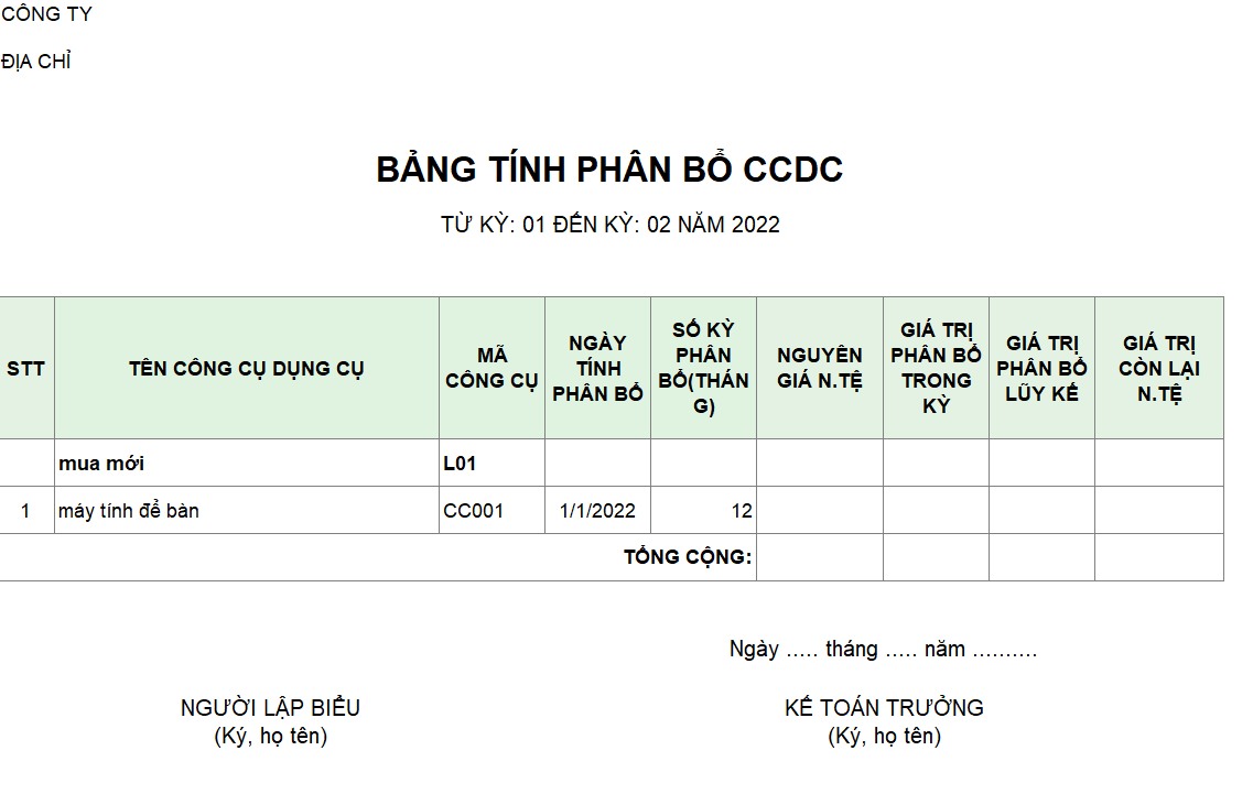 Bảng tính phân bổ CCDC ( NGOẠI TỆ )