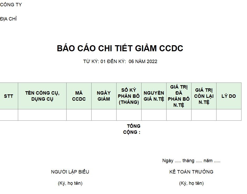 Mẫu báo cáo chi tiết giảm CCDC ( NGOẠI TỆ )