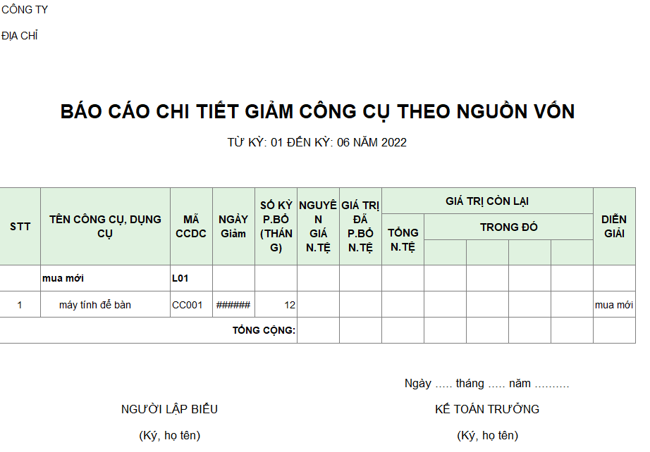Mẫu báo cáo chi tiết giảm CCDC theo nguồn vốn ( NGOẠI TỆ )