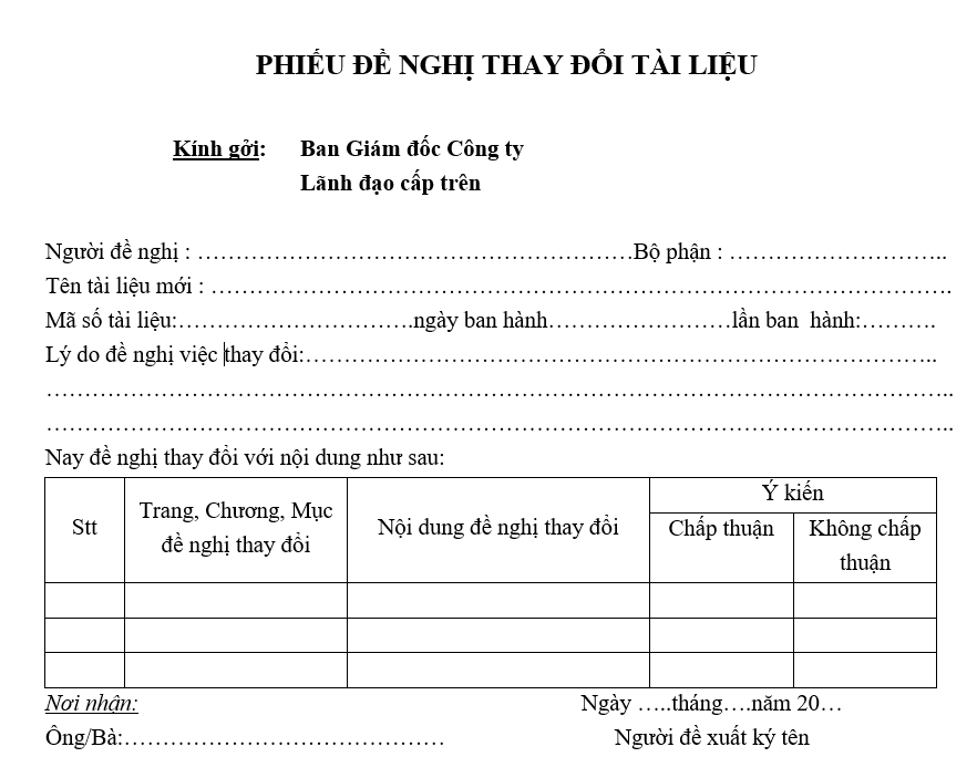 Quy định quản lý tài liệu - Phếu đề nghị thay đổi tài liệu