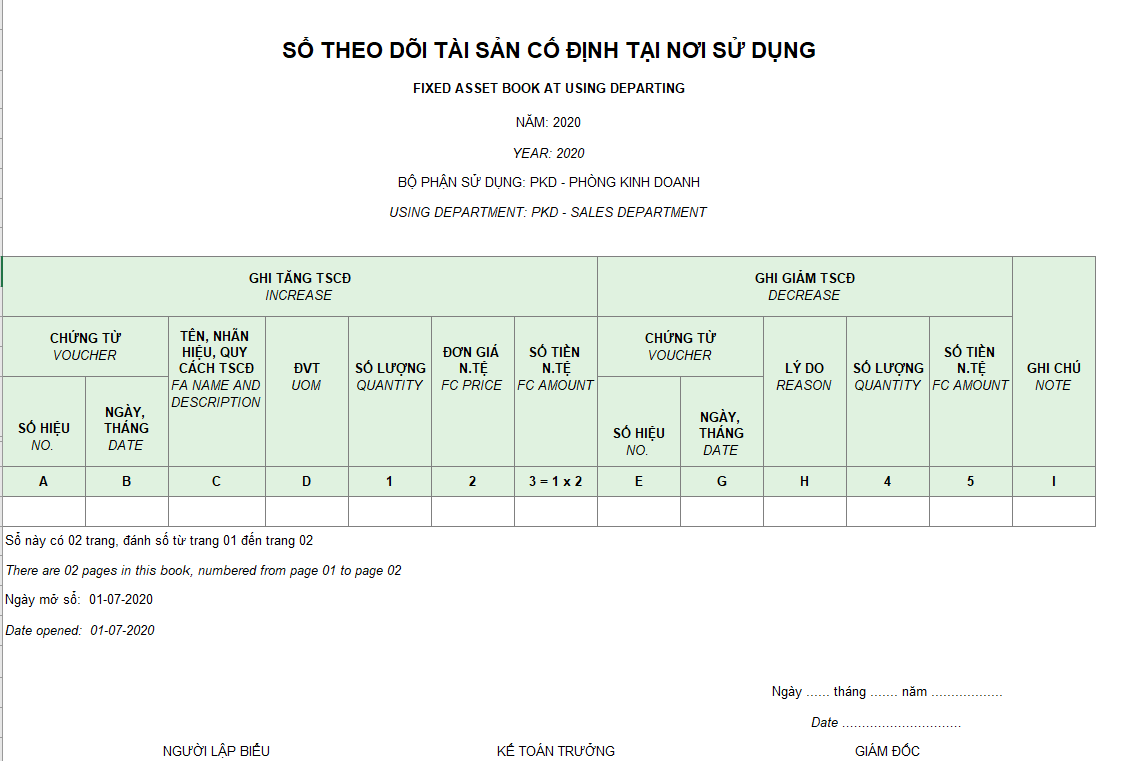Mẫu sổ theo dõi TSCĐ tại nơi sử dụng theo TT 133 ( SONG NGỮ - NGOẠI TỆ )