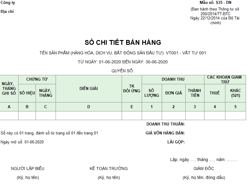 Mẫu sổ chi tiết bán hàng ( tất cả vật tư ) theo TT200
