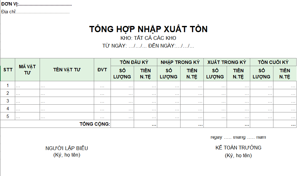 Mẫu tổng hợp nhập xuất tồn ( cả số lượng và giá trị) ( NGOẠI TỆ )