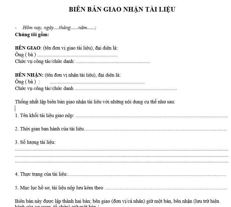 Quy định quản lý tài liệu - Biên bản giao nhận tài liệu